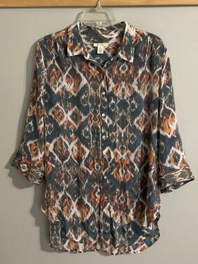 Westbound Multicolor Ikat Button-Front Shirt in Blue, Orange & White Large